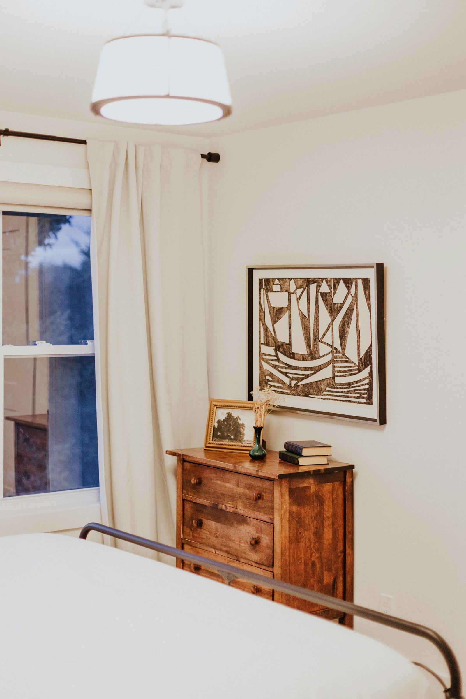 A finished bedroom interior with rustic modern farmhouse styling