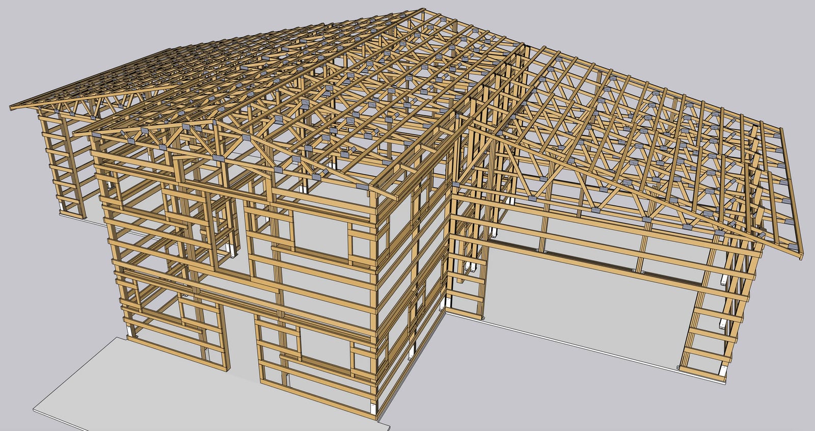 3D architectural framing design of a post-frame barndominium showing structural layout