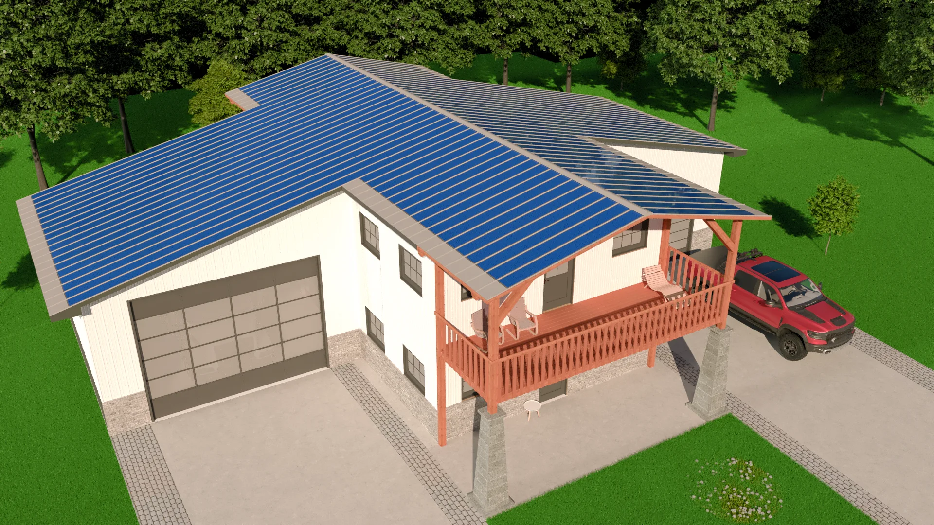 3D design rendering of a post-frame residential home with a metal roof